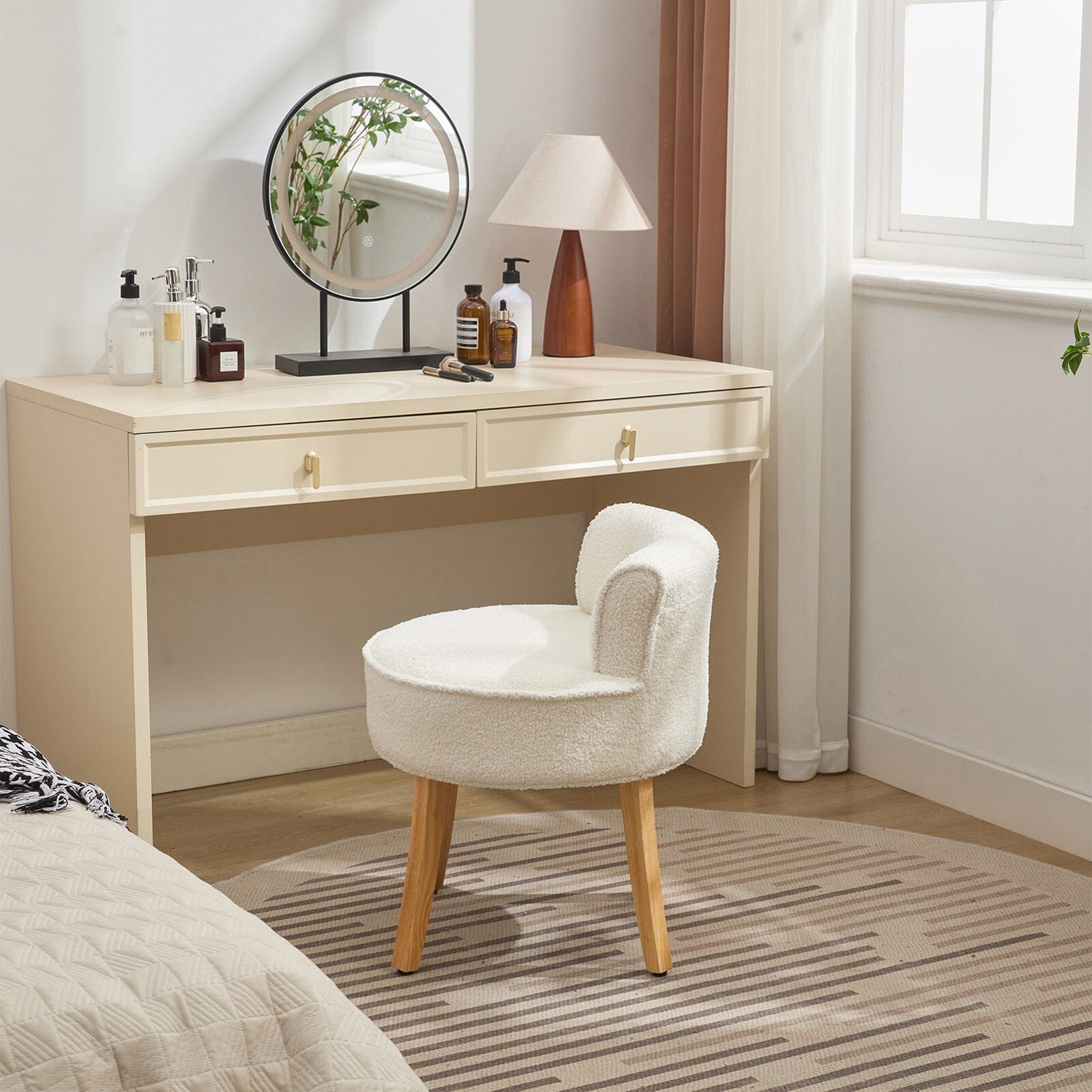 Teddy Fabric Vanity Stool with Button-Tufted Backrest Living and Home 