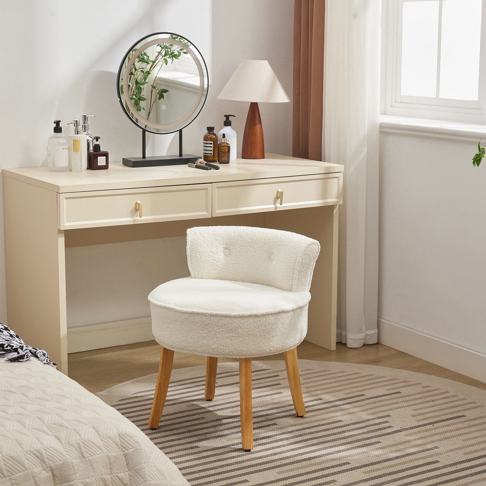 Teddy Fabric Vanity Stool with Button-Tufted Backrest Living and Home 
