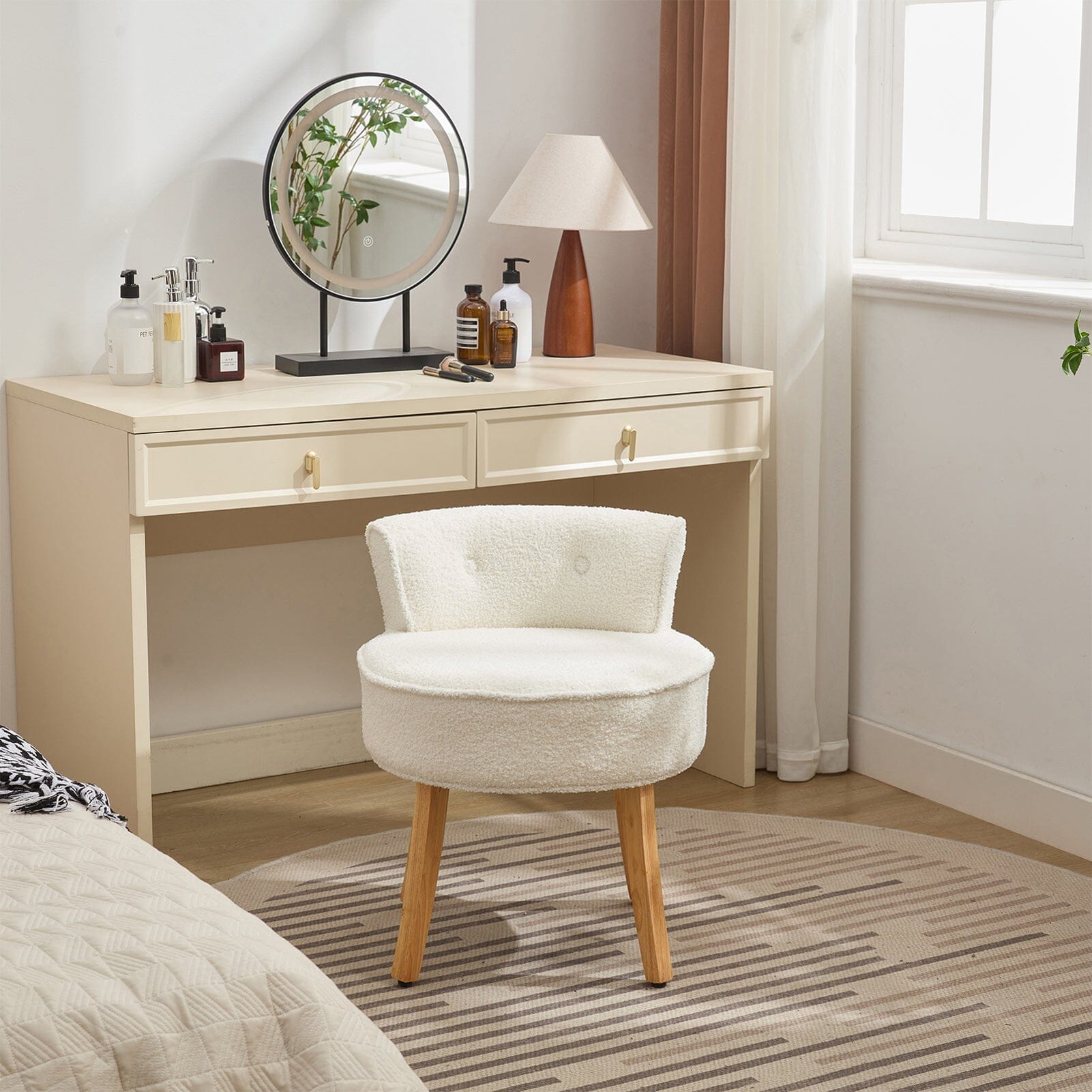 Teddy Fabric Vanity Stool with Button-Tufted Backrest Living and Home 