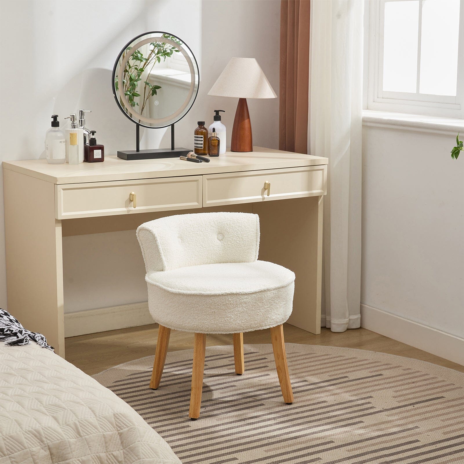 Teddy Fabric Vanity Stool with Button-Tufted Backrest Living and Home 
