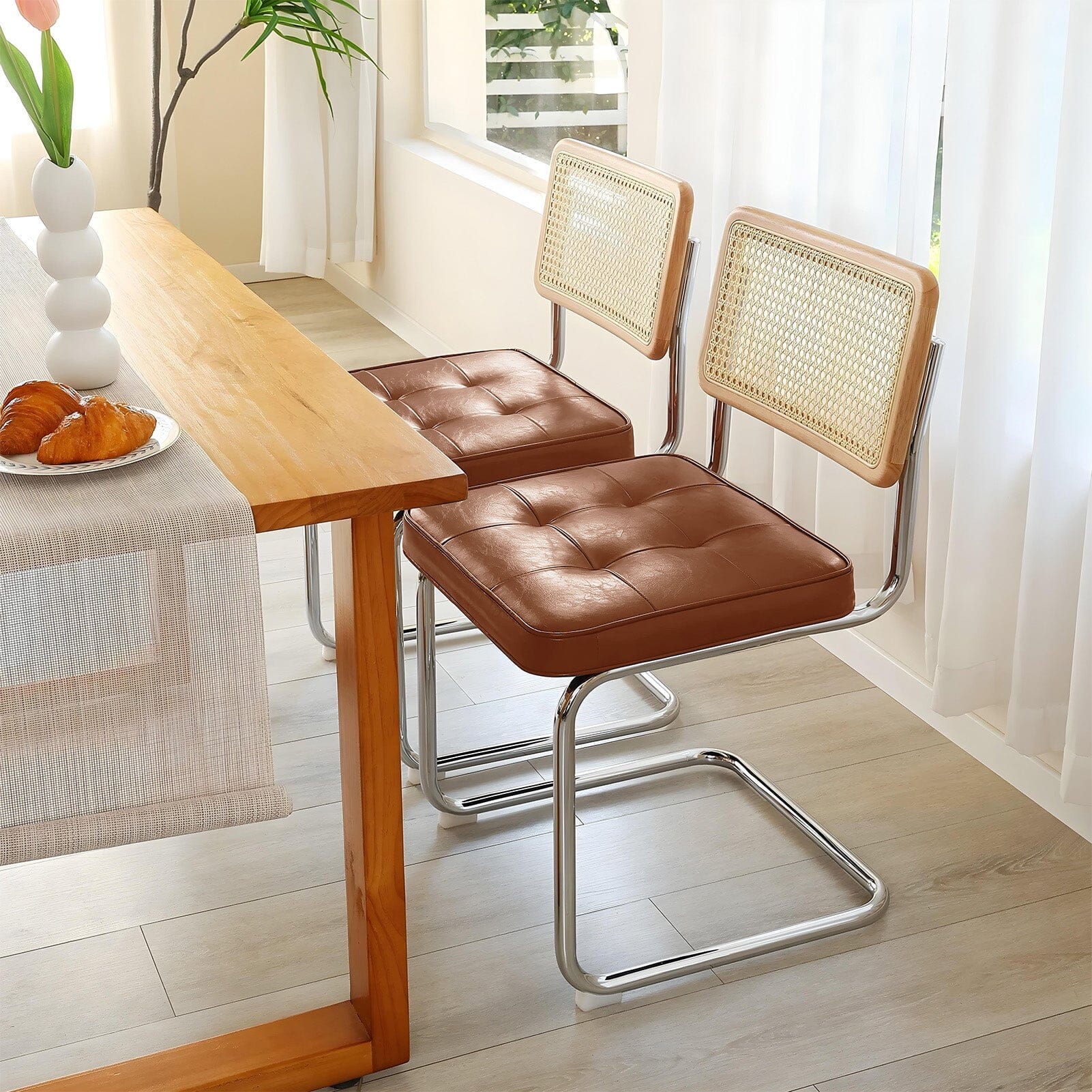 Rattan Back Dining Chair Metal Leg Pair Seating Living and Home 