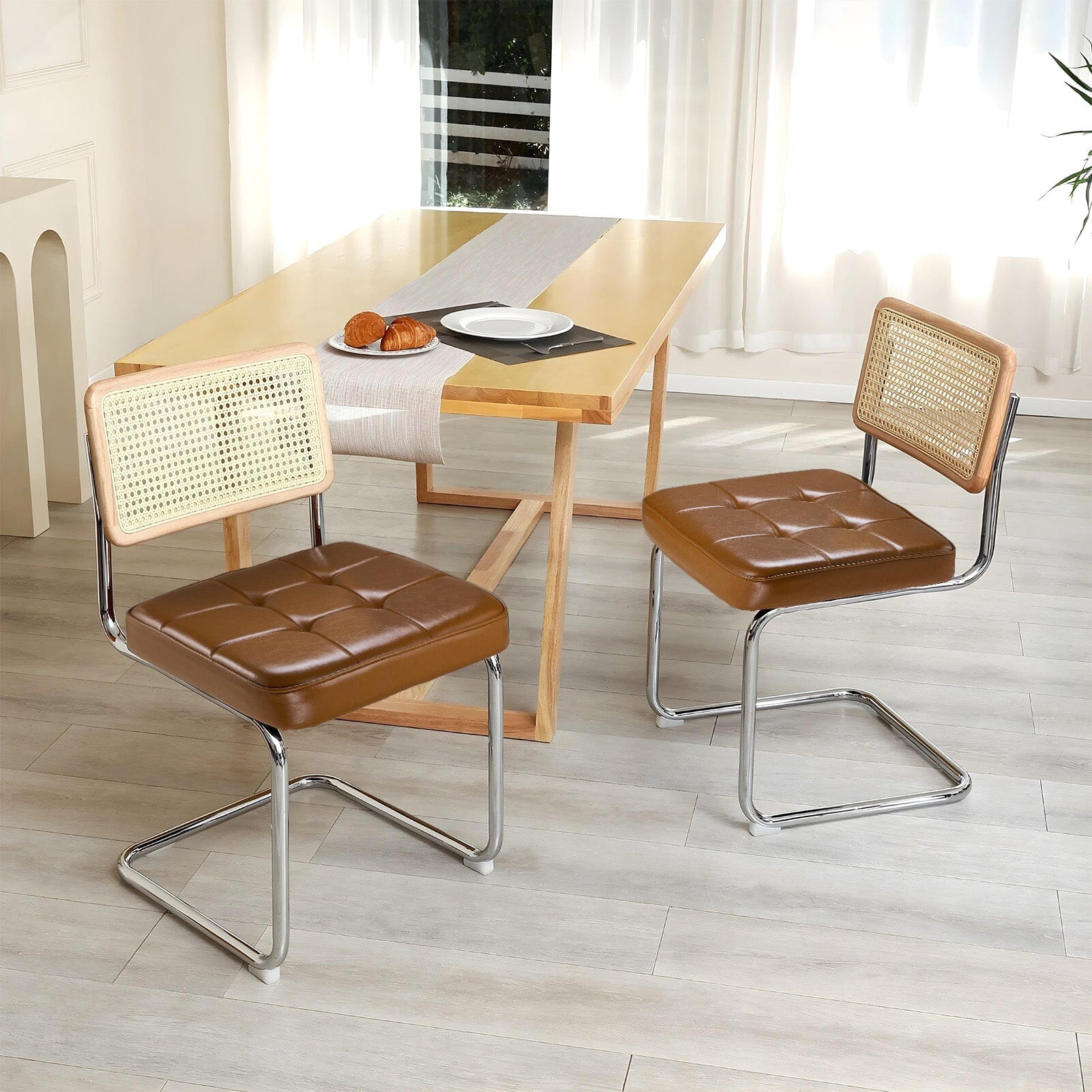 Rattan Back Dining Chair Metal Leg Pair Seating Living and Home 