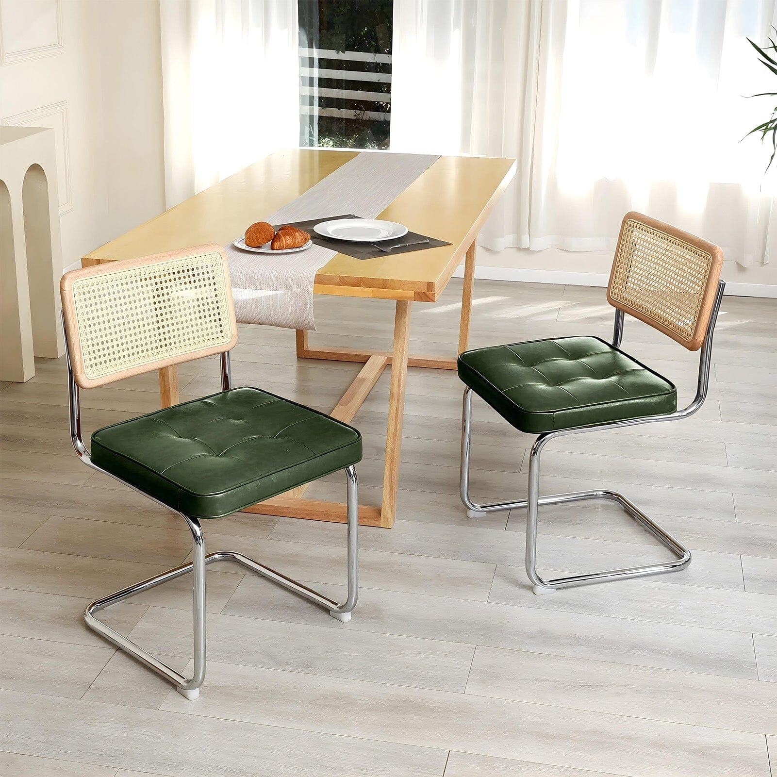 Rattan Back Dining Chair Metal Leg Pair Seating Living and Home 