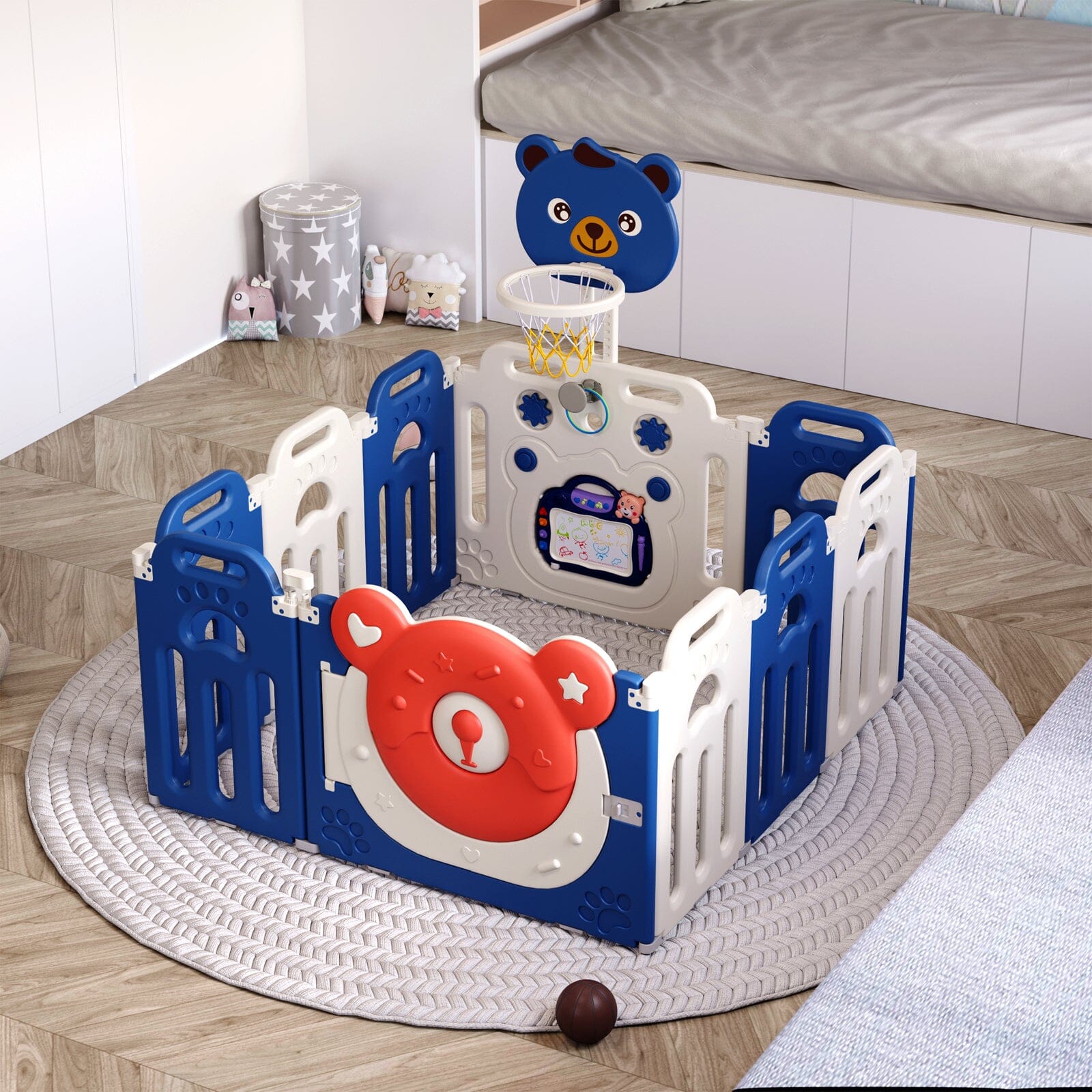 Baby Playpen Kids Safety Gate with Basketball Hoop Kids Basketball Hoops Living and Home 123cm W x 123cm D x 65cm H 