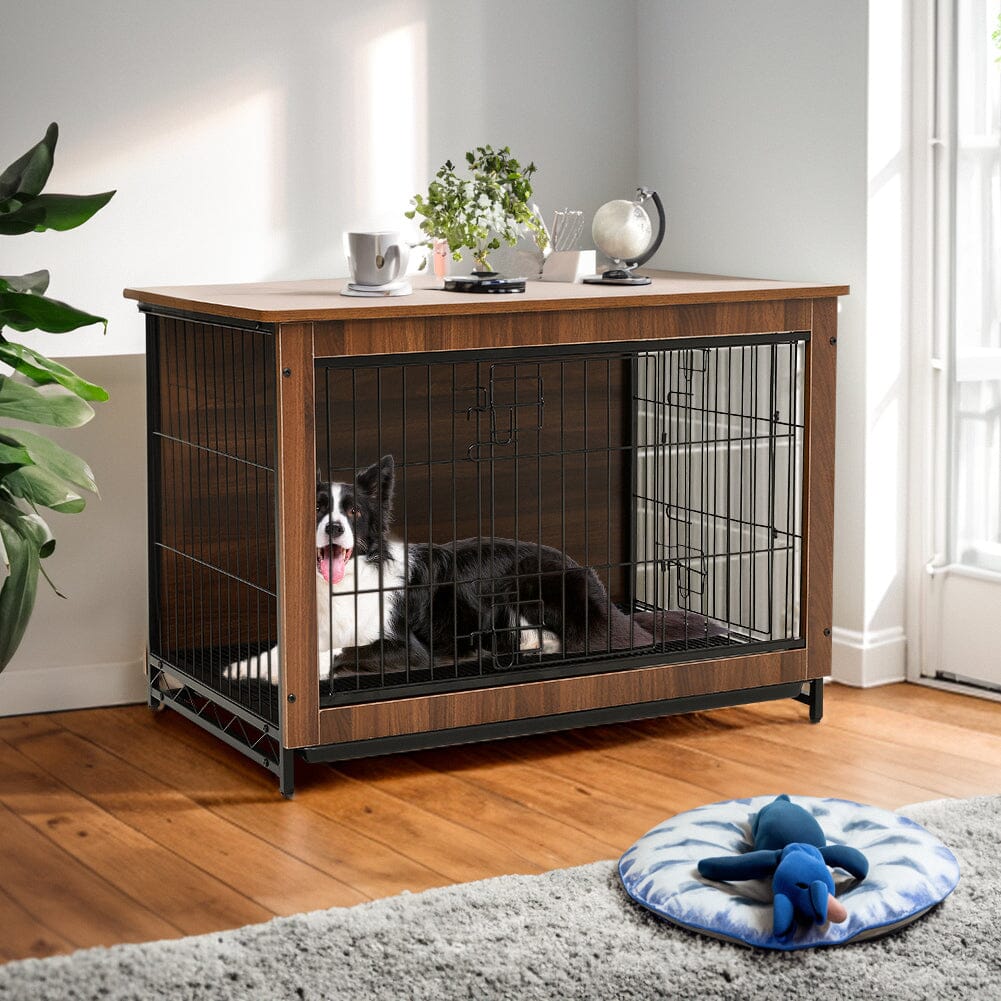 Brown Wooden Wire Dog Crate Pet Cage Living and Home