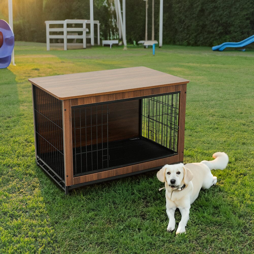 Brown Wooden Wire Dog Crate Pet Cage Dog Houses Living and Home 98cm W x 64cm D x 67cm H 