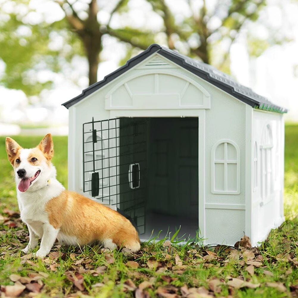 65cm W Grey Plastic Dog House Kennel with Steel Door Living and Home