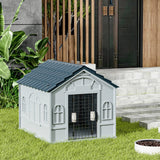65cm W Grey Plastic Dog House Kennel with Steel Door Dog Houses Living and Home 
