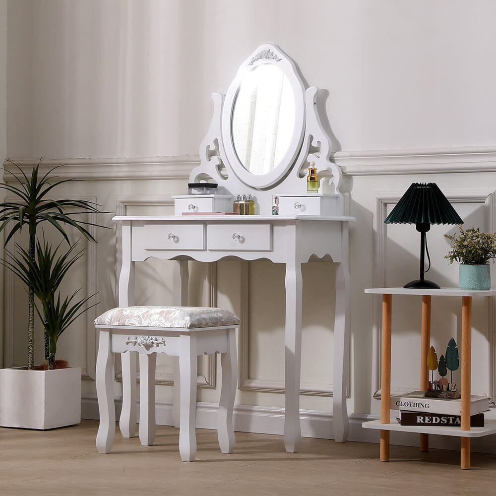 75cm W White Makeup Vanity Desk with Mirror and Stool Dressing Tables Living and Home 