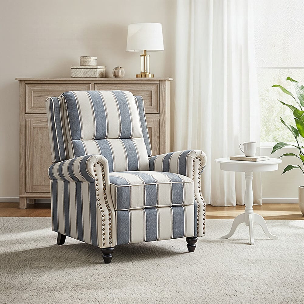 Stripe Linen Push Back Recliner Chair With Solid Wooden Legs Living and Home 
