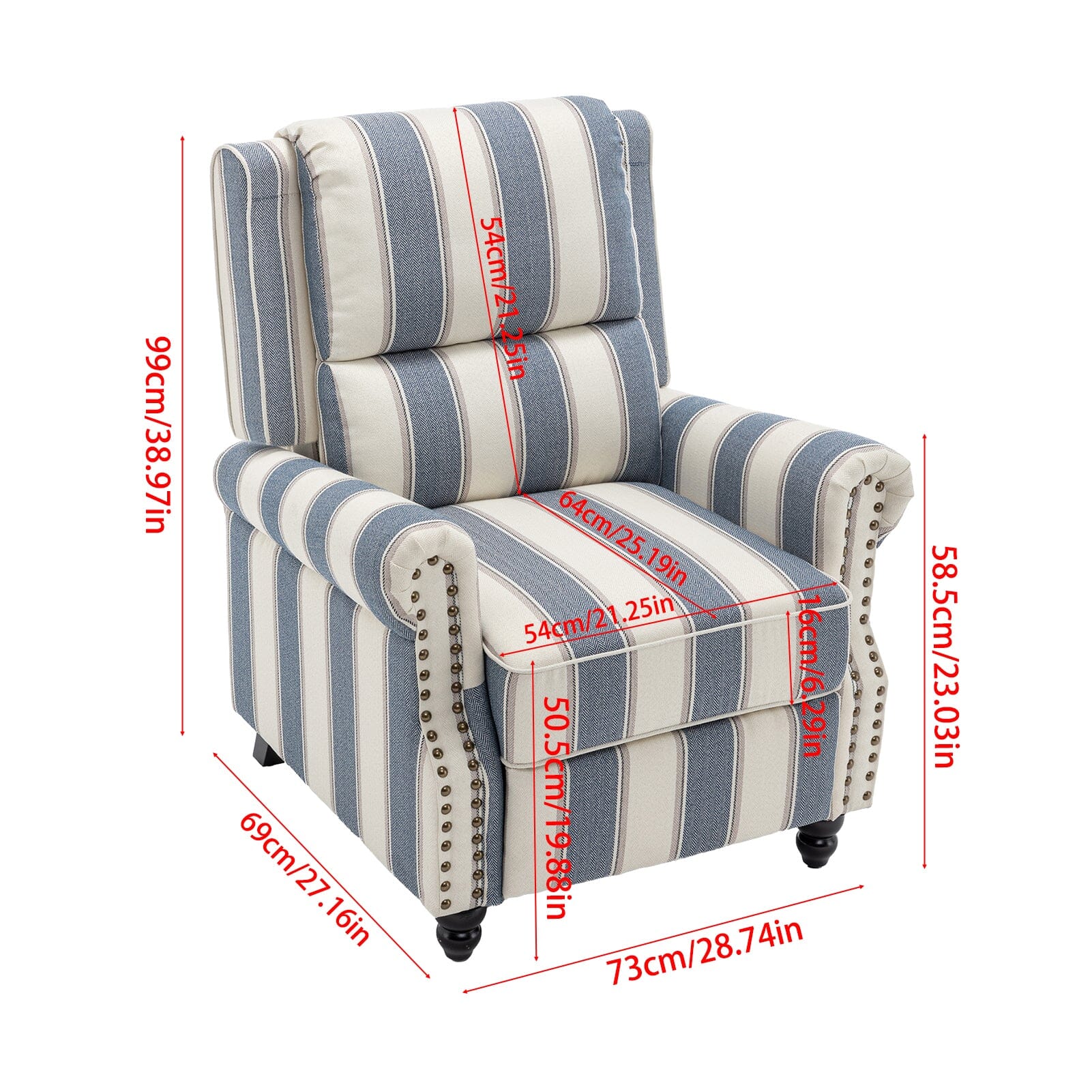 Stripe Linen Push Back Recliner Chair With Solid Wooden Legs Living and Home 