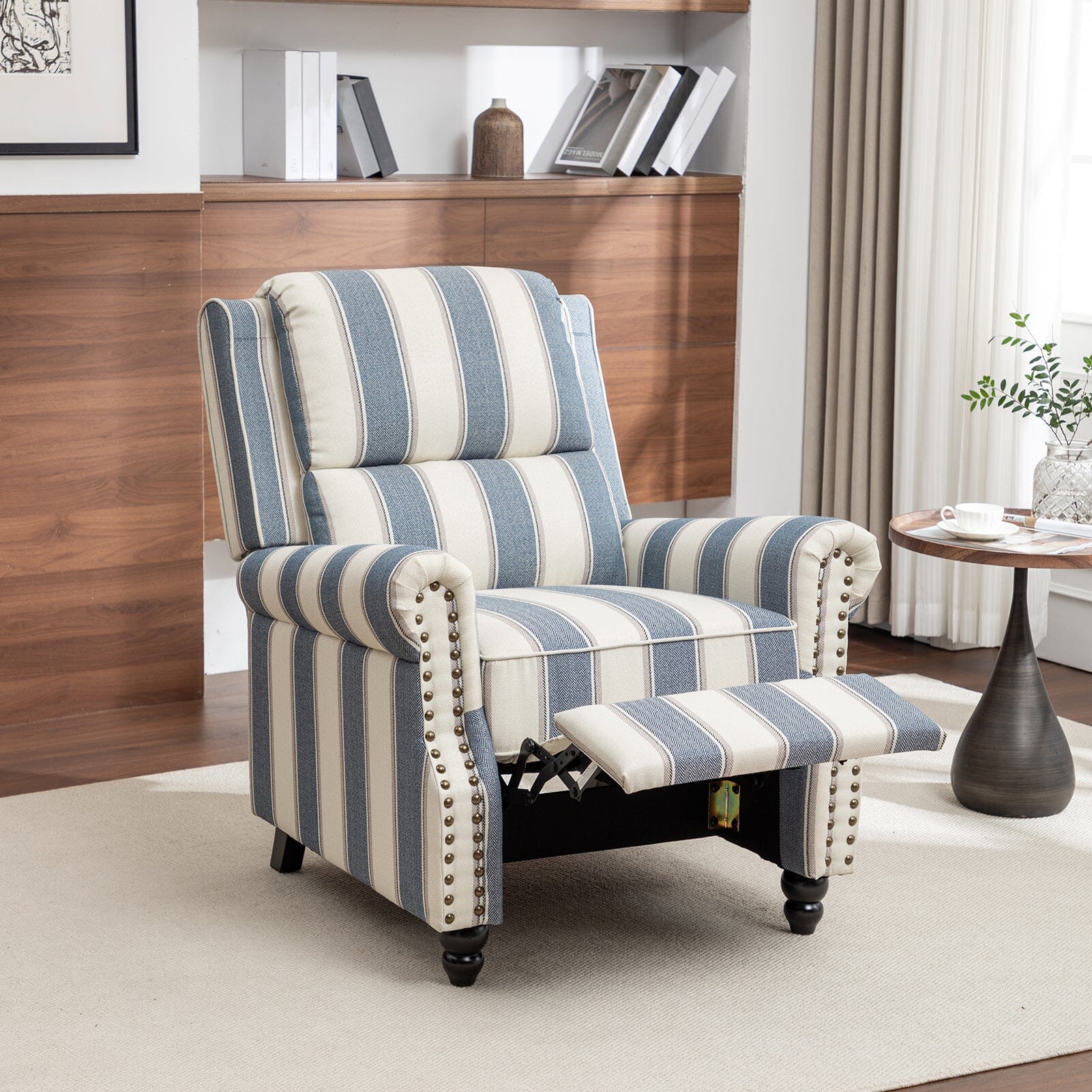 Stripe Linen Push Back Recliner Chair With Solid Wooden Legs Living and Home 