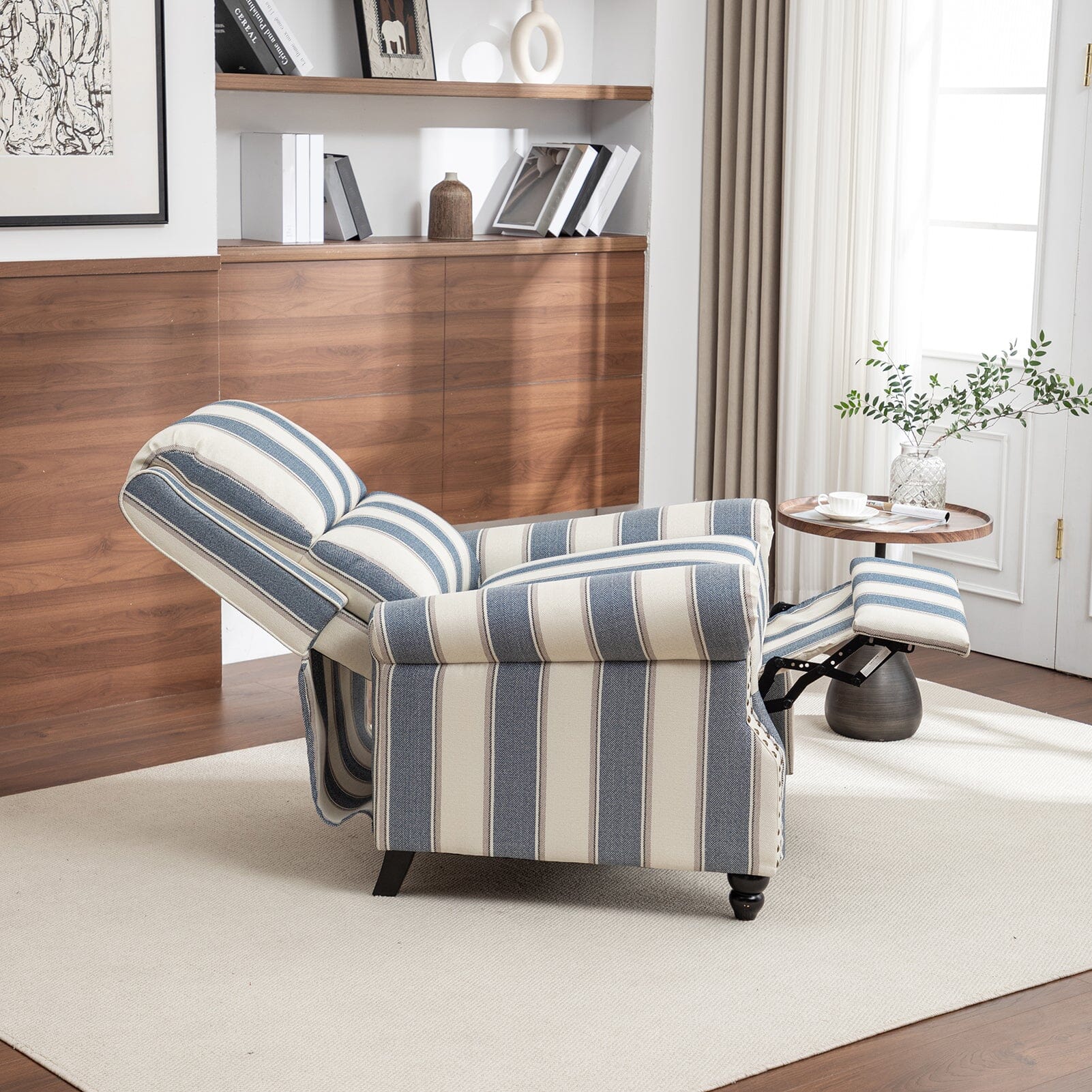 Stripe Linen Push Back Recliner Chair With Solid Wooden Legs Living and Home 