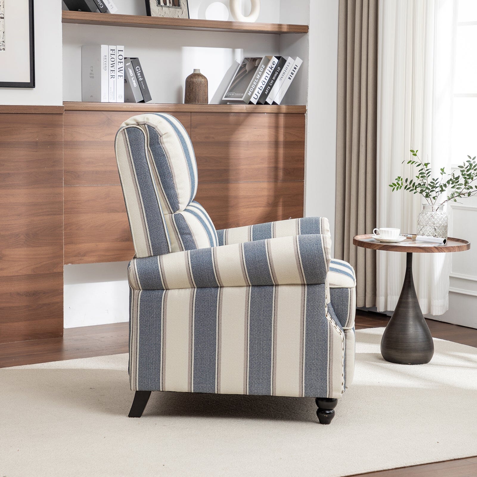 Stripe Linen Push Back Recliner Chair With Solid Wooden Legs Living and Home 