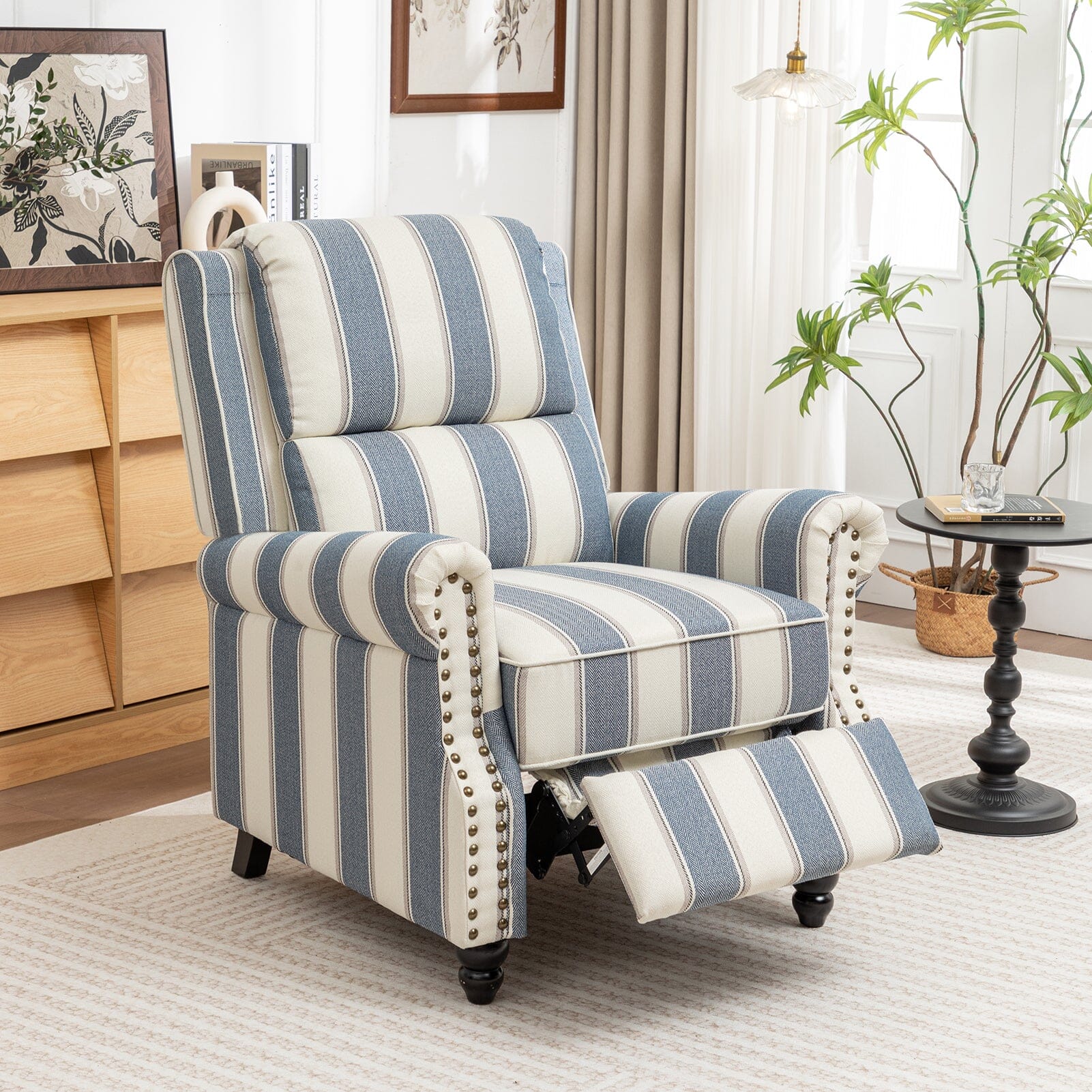 Stripe Linen Push Back Recliner Chair With Solid Wooden Legs Living and Home 