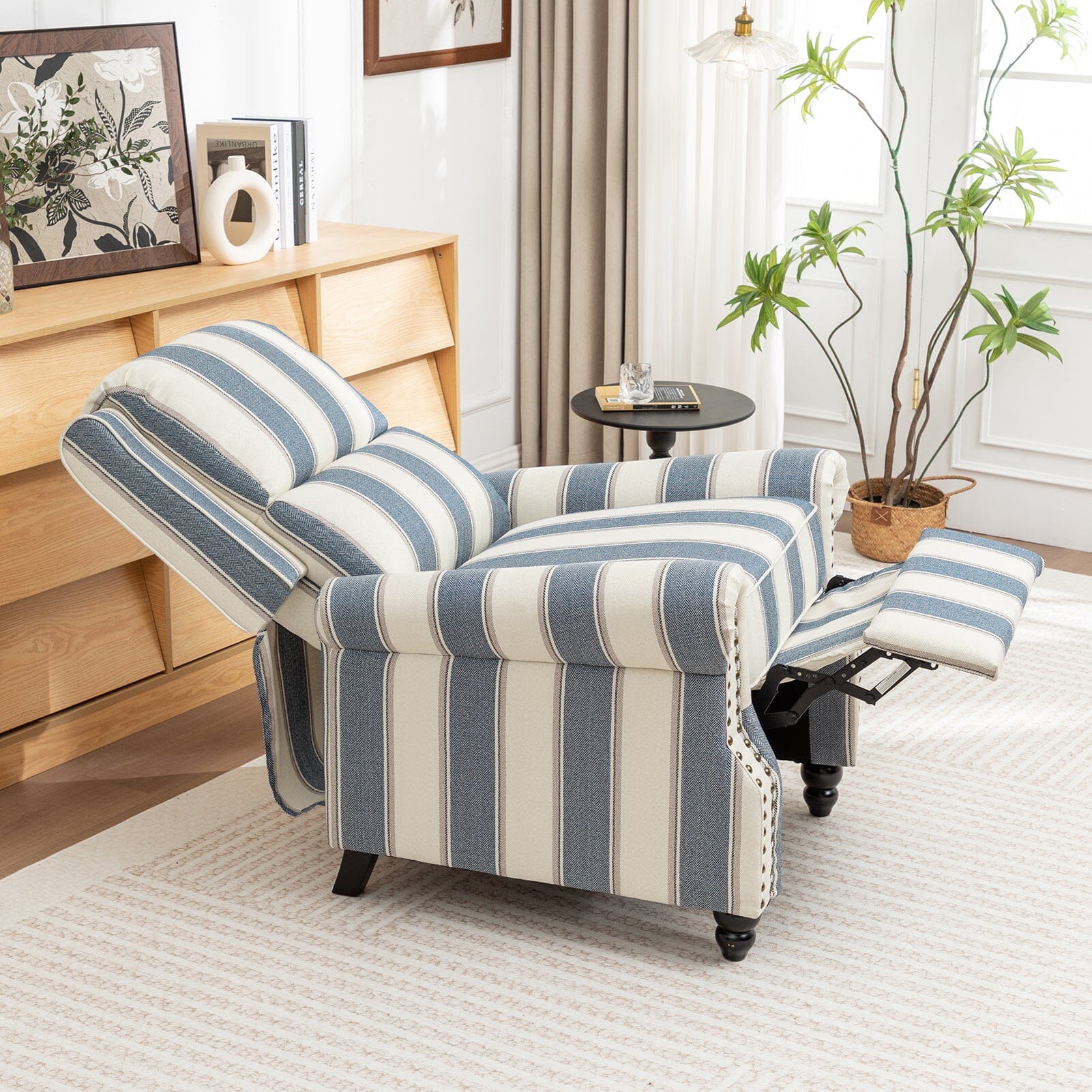 Stripe Linen Push Back Recliner Chair With Solid Wooden Legs Living and Home 