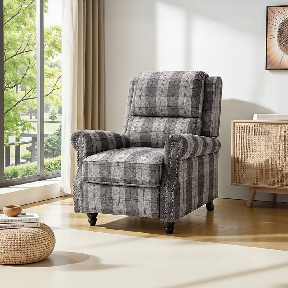 Stripe Linen Push Back Recliner Chair With Solid Wooden Legs Living and Home Black & Grey 