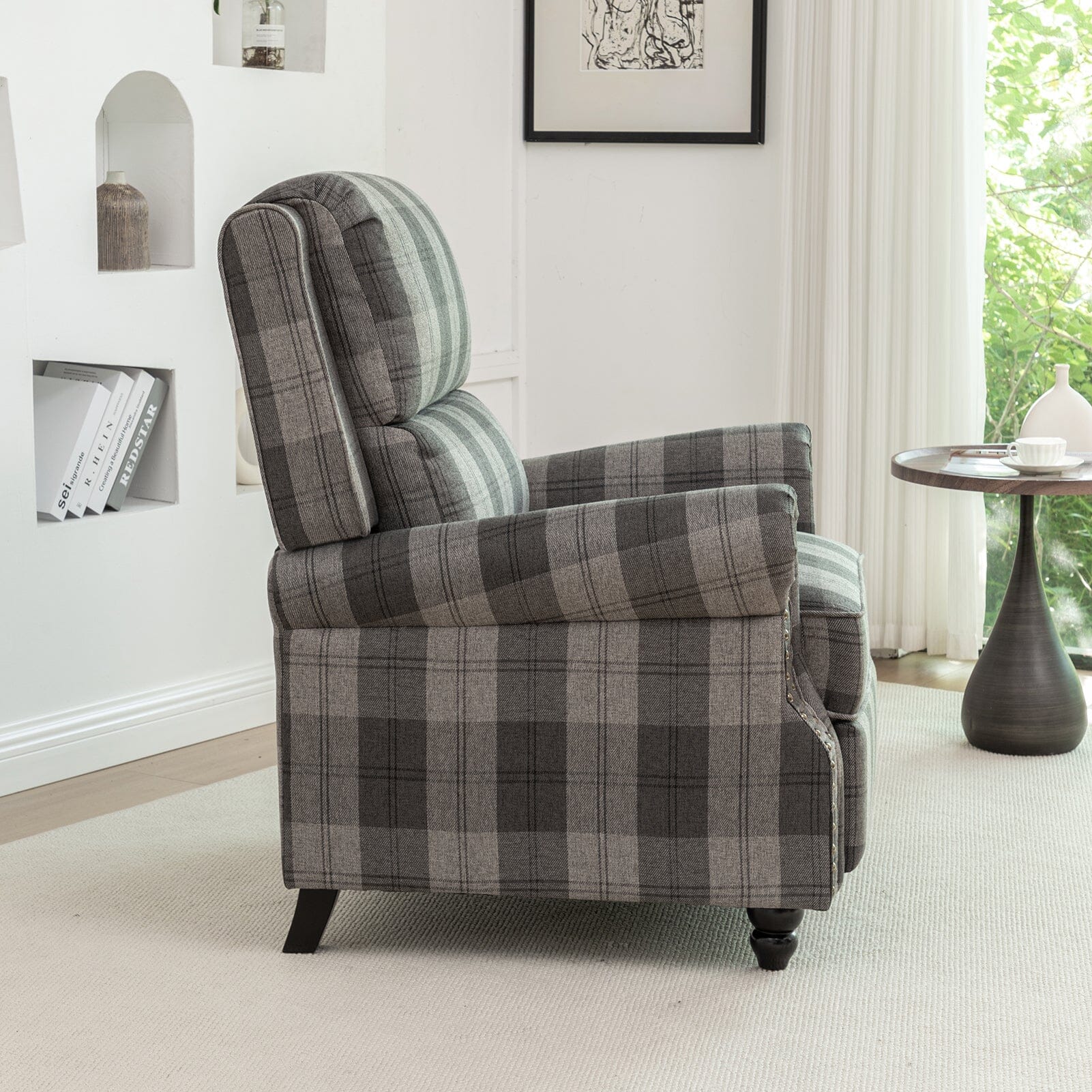 Stripe Linen Push Back Recliner Chair With Solid Wooden Legs Living and Home 