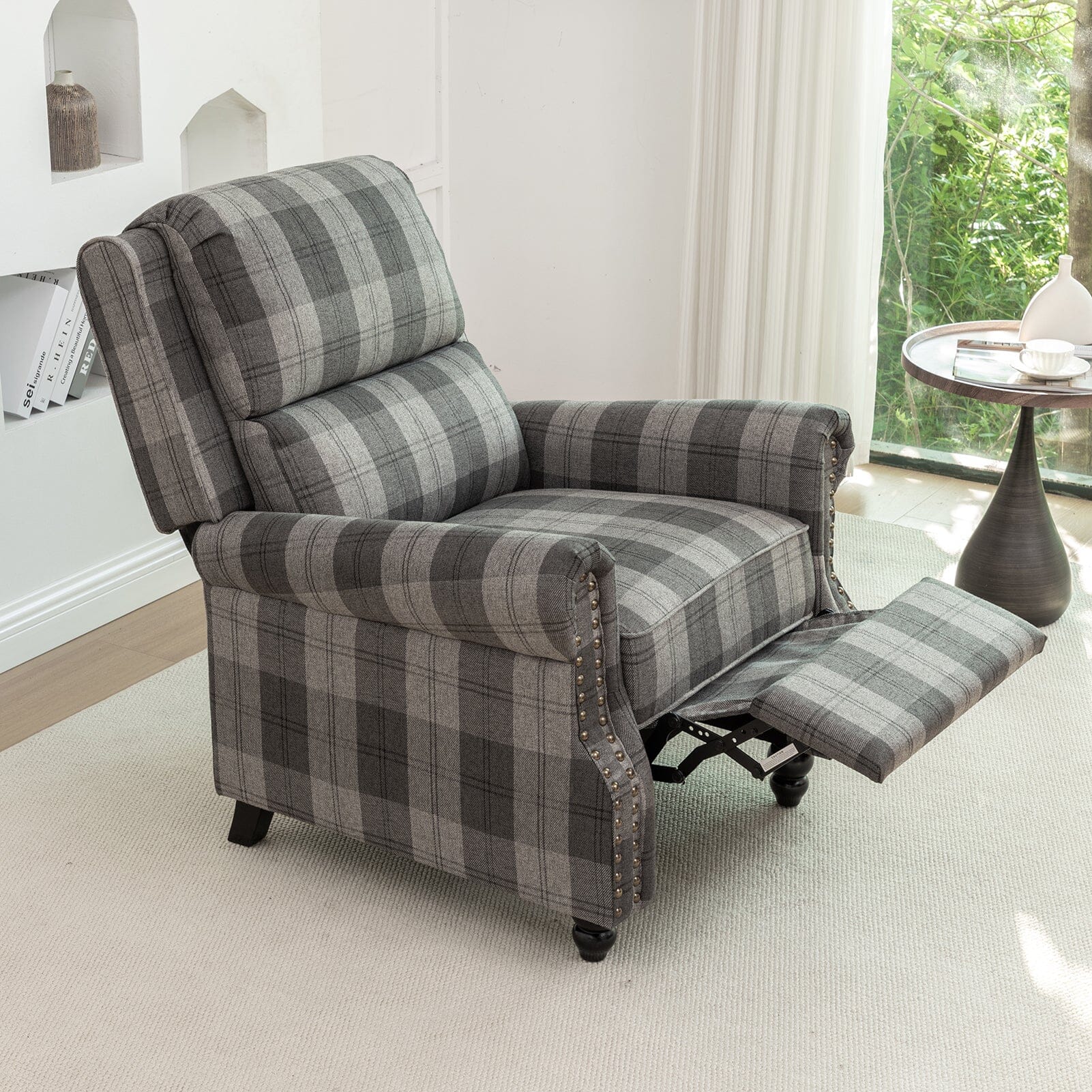Stripe Linen Push Back Recliner Chair With Solid Wooden Legs Living and Home 