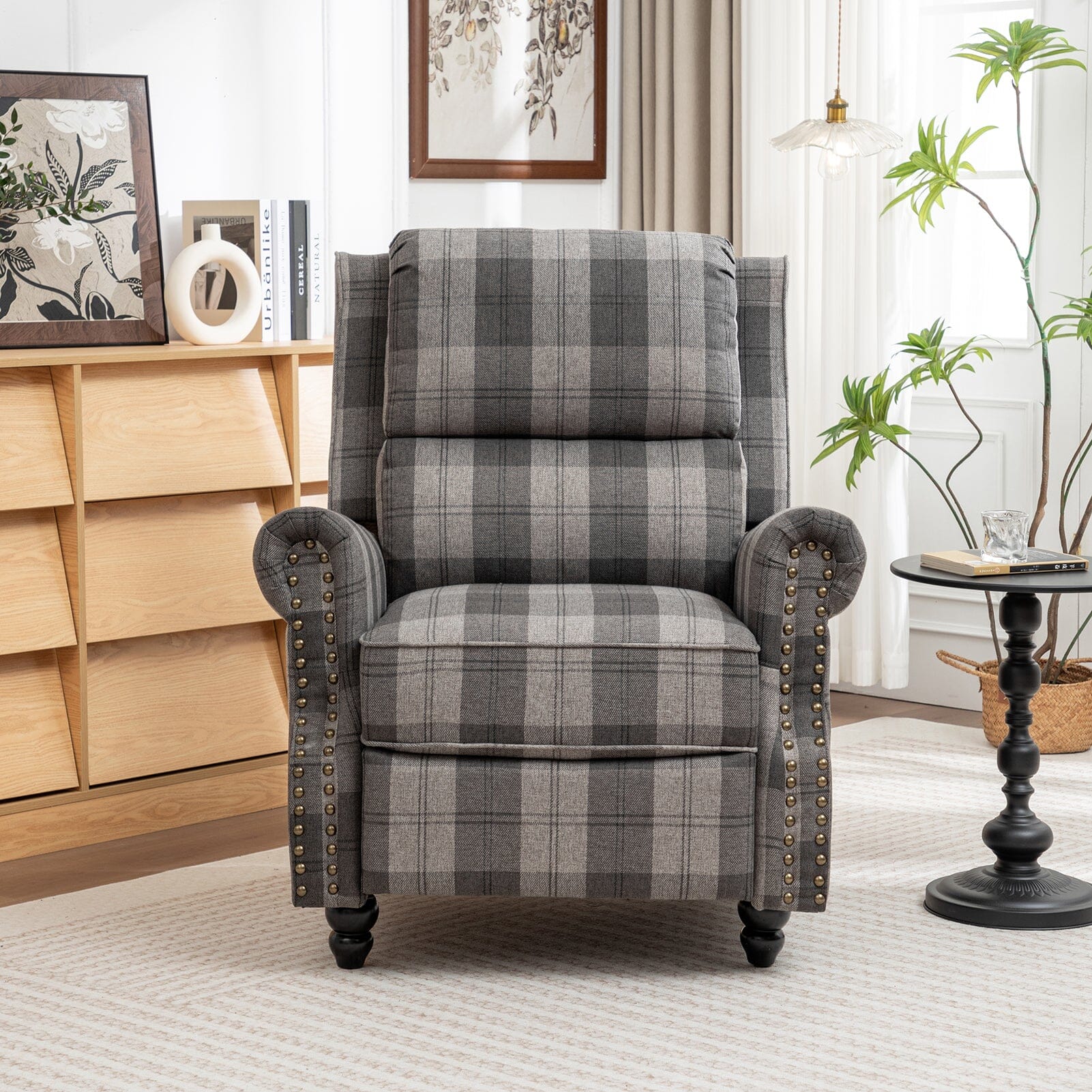 Stripe Linen Push Back Recliner Chair With Solid Wooden Legs Living and Home 