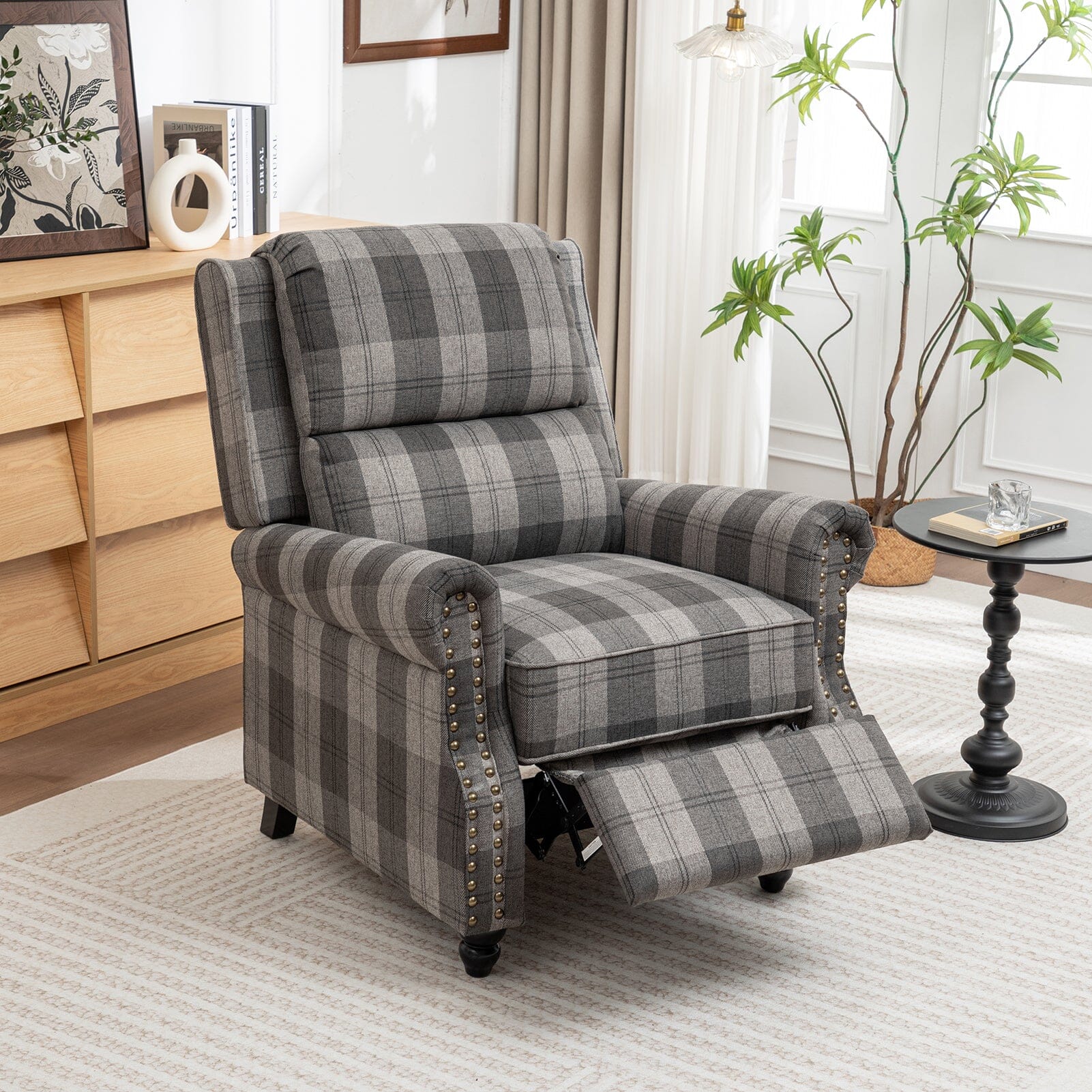 Stripe Linen Push Back Recliner Chair With Solid Wooden Legs Living and Home 