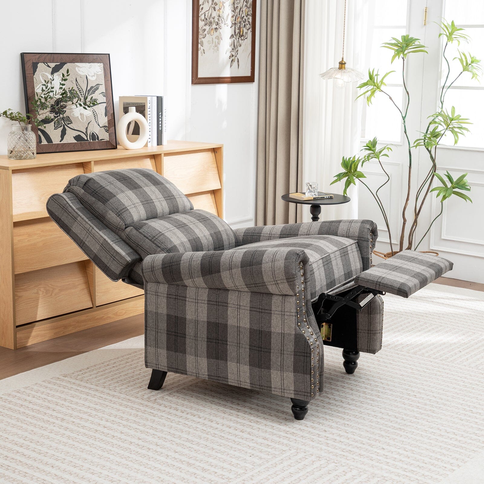 Stripe Linen Push Back Recliner Chair With Solid Wooden Legs Living and Home 
