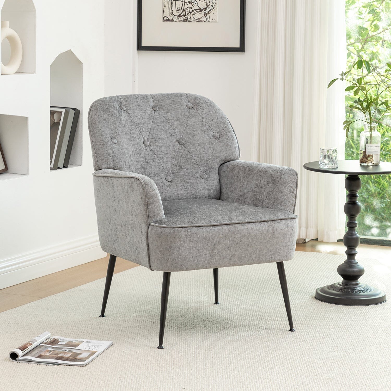 Chenille Accent Chair with Metal Legs & Quick Pin Assembly Living and Home Grey 