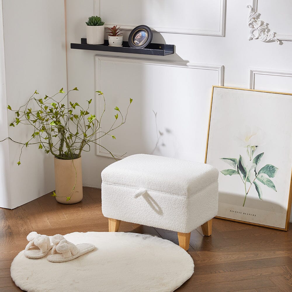 Compact Teddy Fabric Storage Ottoman with Lift-Up Seat and Solid Wood Legs Living and Home 
