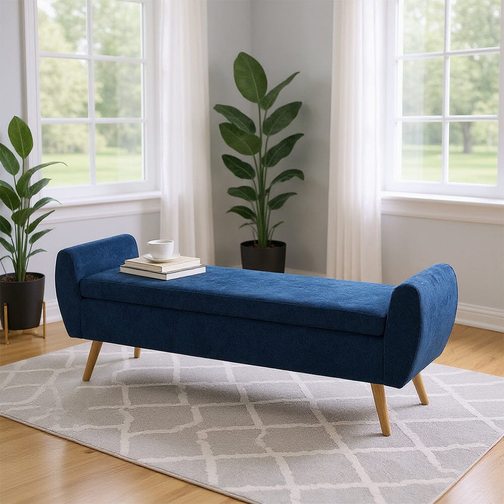 Upholstered Storage Bench with Lift-Up Seat and Wooden Legs Living and Home Blue 