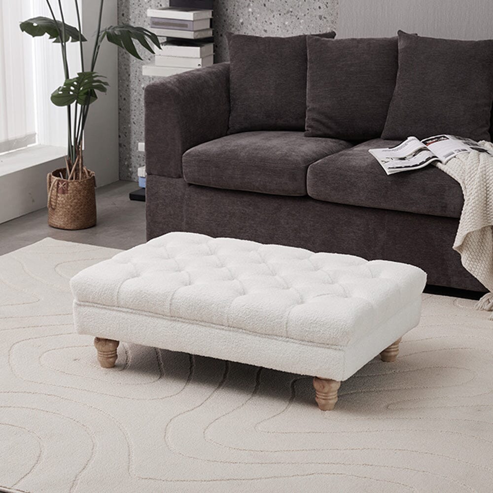 Tufted Upholstered Bench Teddy Fabric White with Turned Wooden Legs Living and Home 