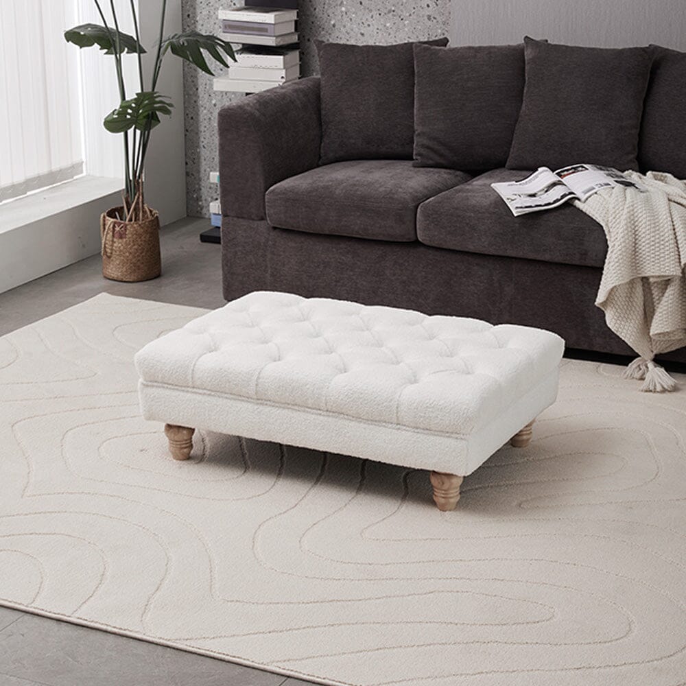 Tufted Upholstered Bench Teddy Fabric White with Turned Wooden Legs Living and Home 