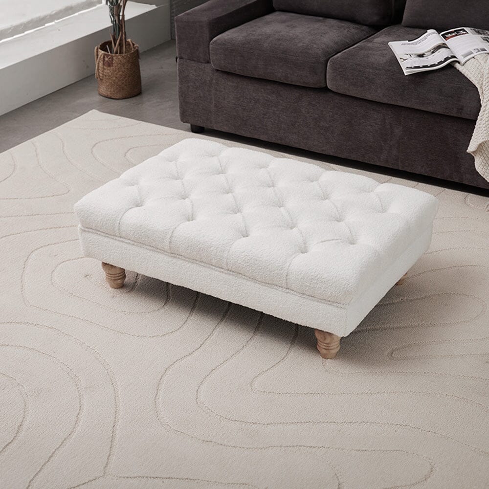 Tufted Upholstered Bench Teddy Fabric White with Turned Wooden Legs Living and Home 