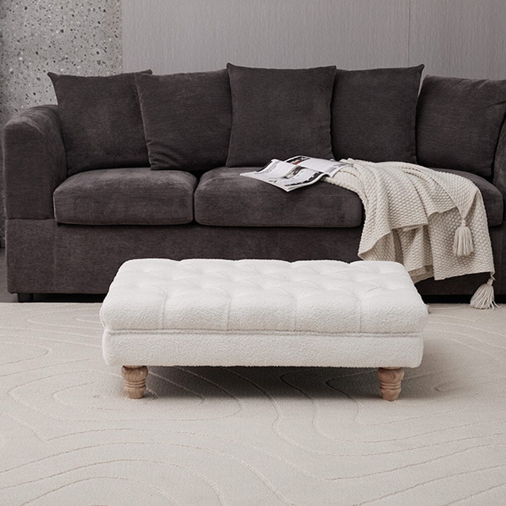 Tufted Upholstered Bench Teddy Fabric White with Turned Wooden Legs Living and Home 