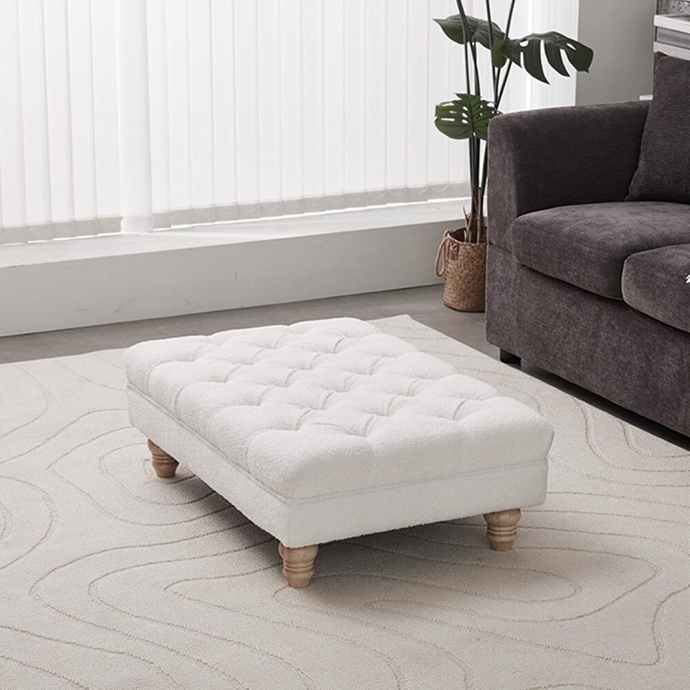 Tufted Upholstered Bench Teddy Fabric White with Turned Wooden Legs Living and Home 