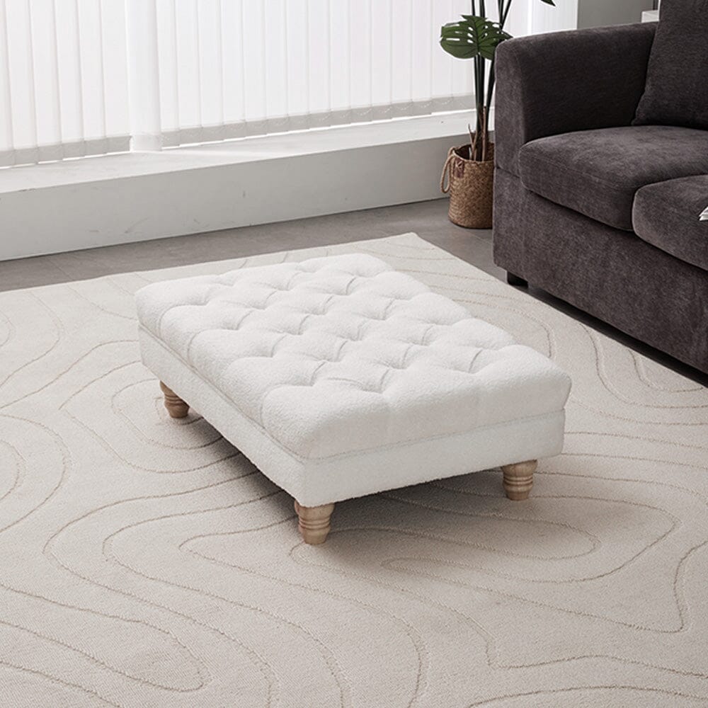 Tufted Upholstered Bench Teddy Fabric White with Turned Wooden Legs Living and Home 