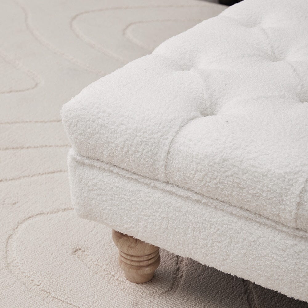 Tufted Upholstered Bench Teddy Fabric White with Turned Wooden Legs Living and Home 