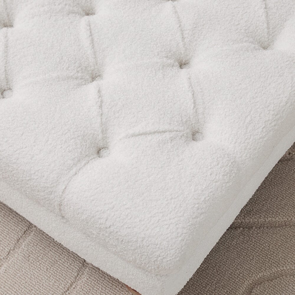 Tufted Upholstered Bench Teddy Fabric White with Turned Wooden Legs Living and Home 