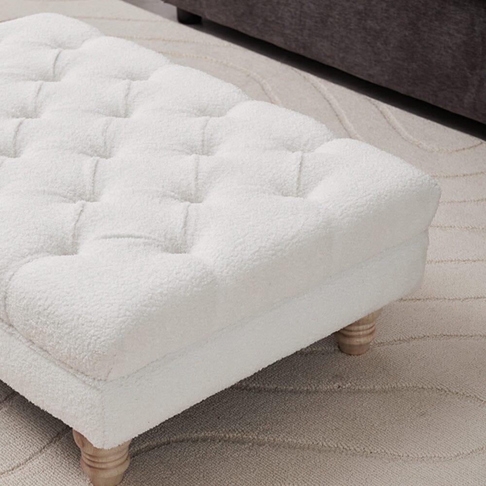Tufted Upholstered Bench Teddy Fabric White with Turned Wooden Legs Living and Home 