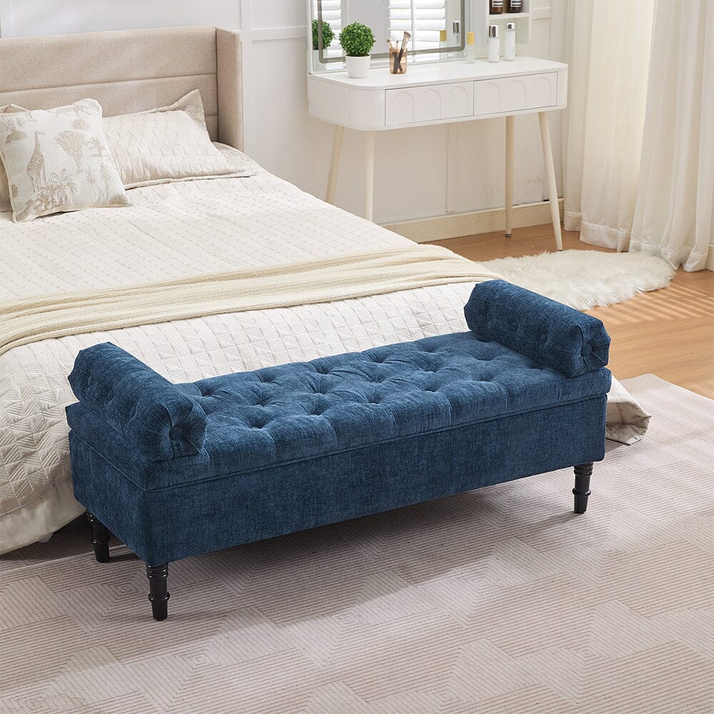Chenille Upholstered Storage Bench with Lift-Up Seat and Double Cushions Living and Home Blue 