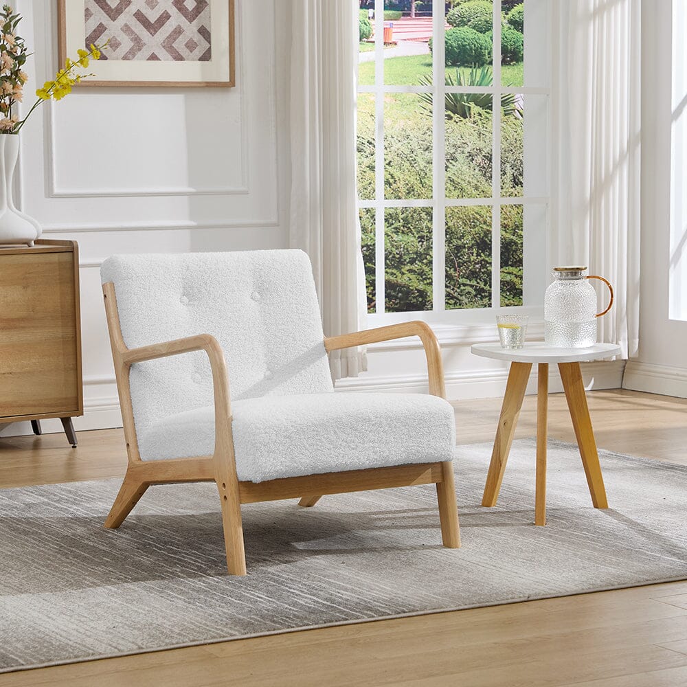 White Teddy Fleece Accent Chair with Solid Wood Arms & Modular Design Living and Home 