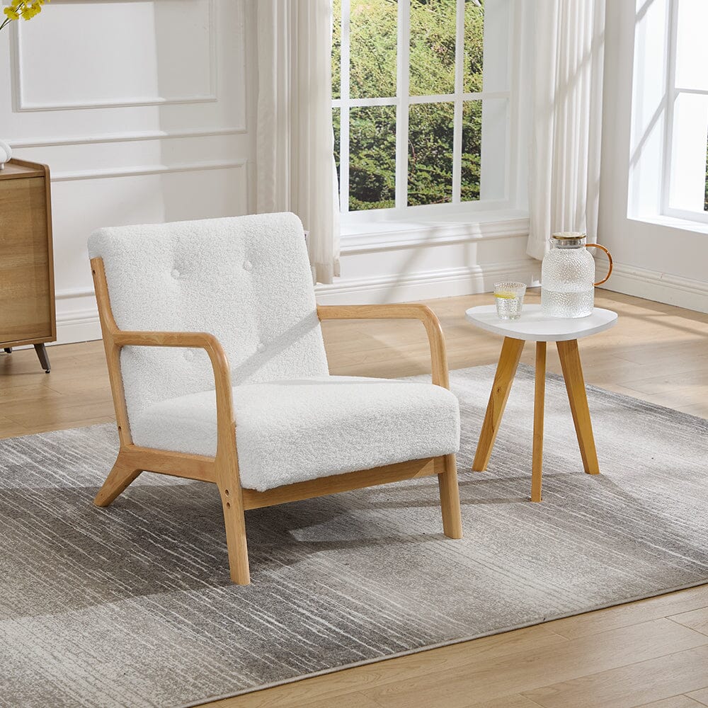 White Teddy Fleece Accent Chair with Solid Wood Arms & Modular Design Living and Home 