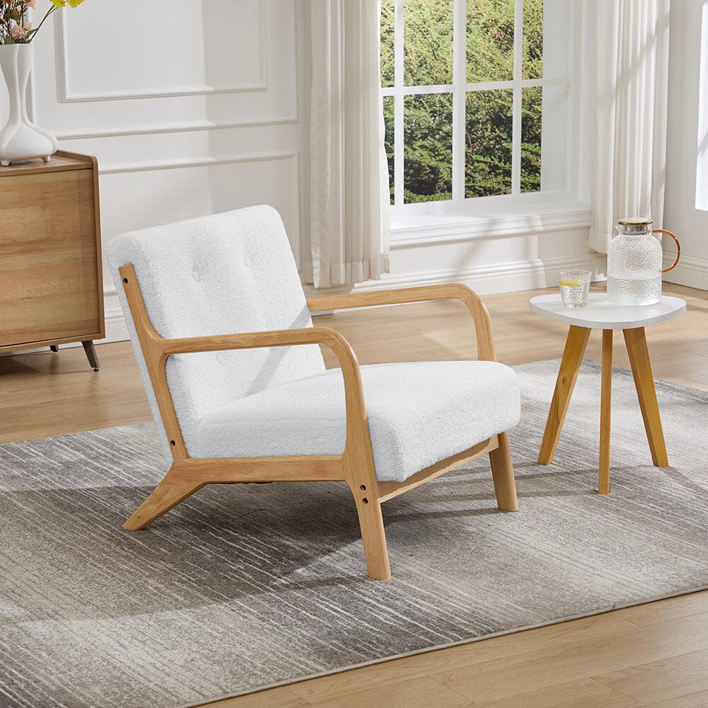 White Teddy Fleece Accent Chair with Solid Wood Arms & Modular Design Living and Home 