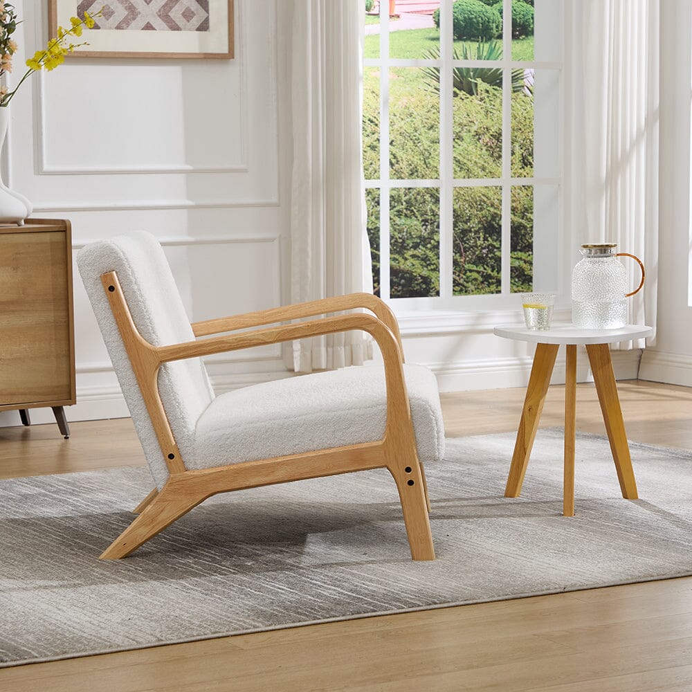 White Teddy Fleece Accent Chair with Solid Wood Arms & Modular Design Living and Home 