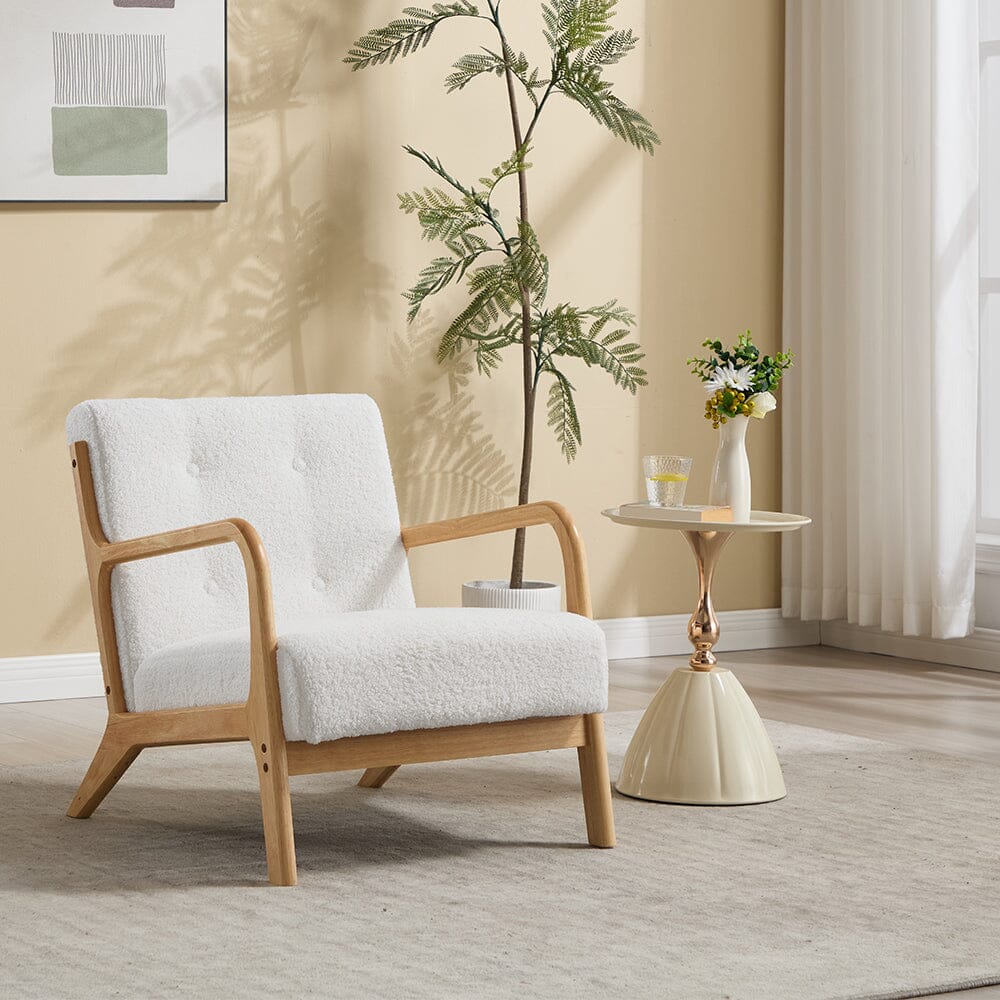 White Teddy Fleece Accent Chair with Solid Wood Arms & Modular Design Living and Home 