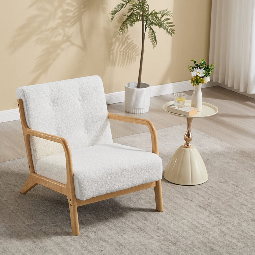White Teddy Fleece Accent Chair with Solid Wood Arms & Modular Design Living and Home 