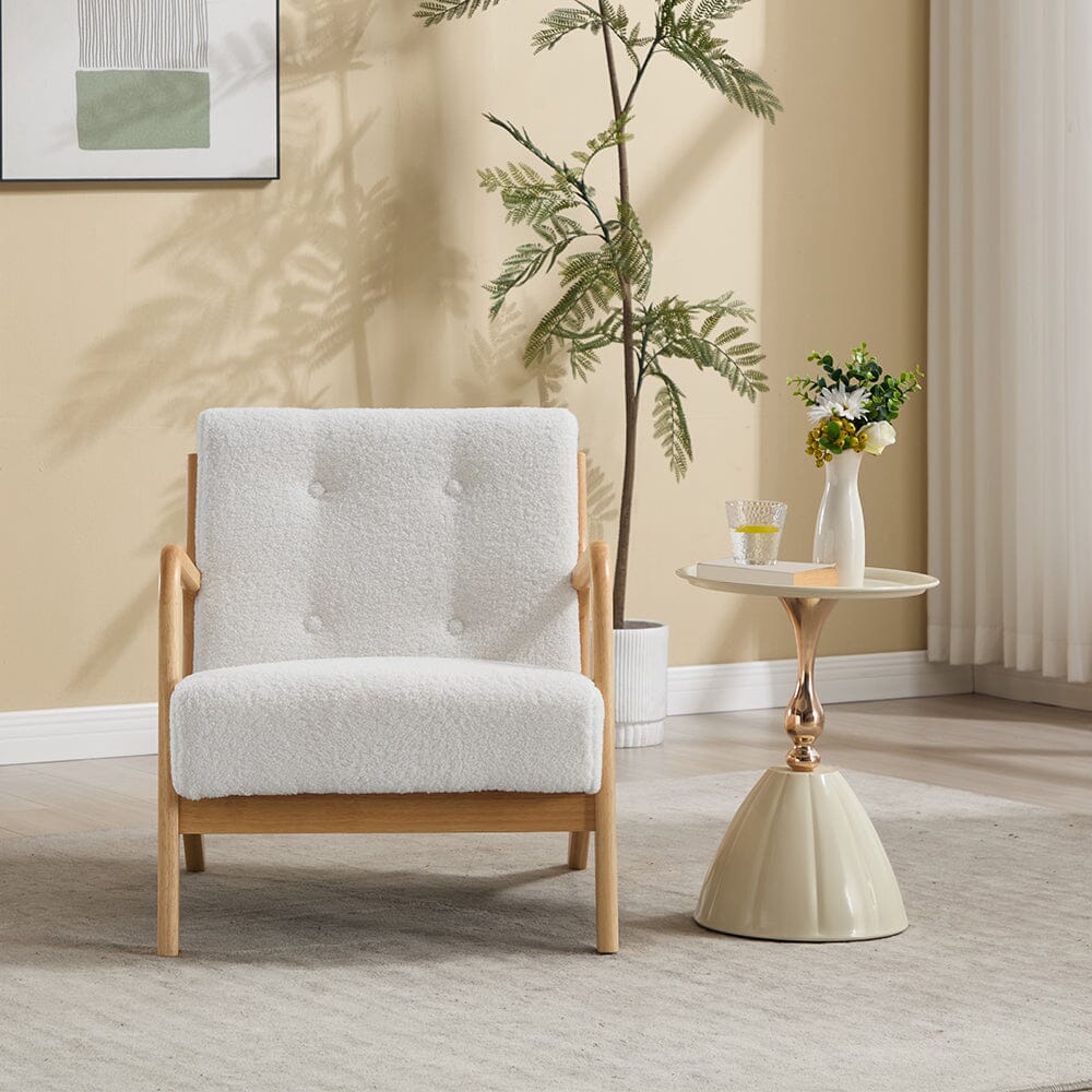 White Teddy Fleece Accent Chair with Solid Wood Arms & Modular Design Living and Home 
