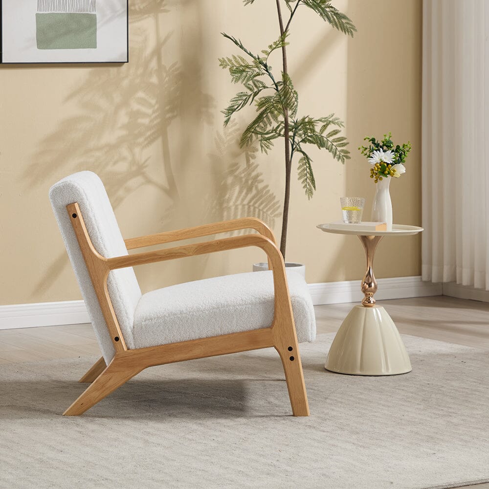 White Teddy Fleece Accent Chair with Solid Wood Arms & Modular Design Living and Home 