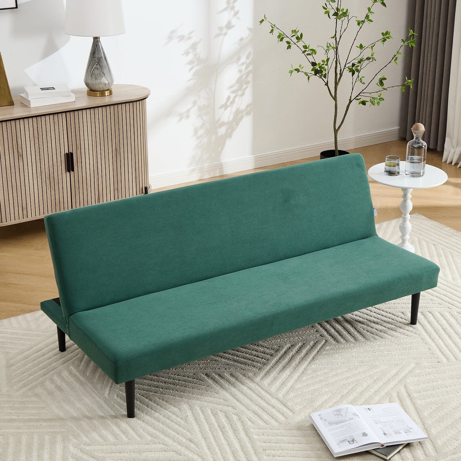 Convertible Sofa Bed with Dot Velvet Upholstery and Plastic Legs Living and Home Green 