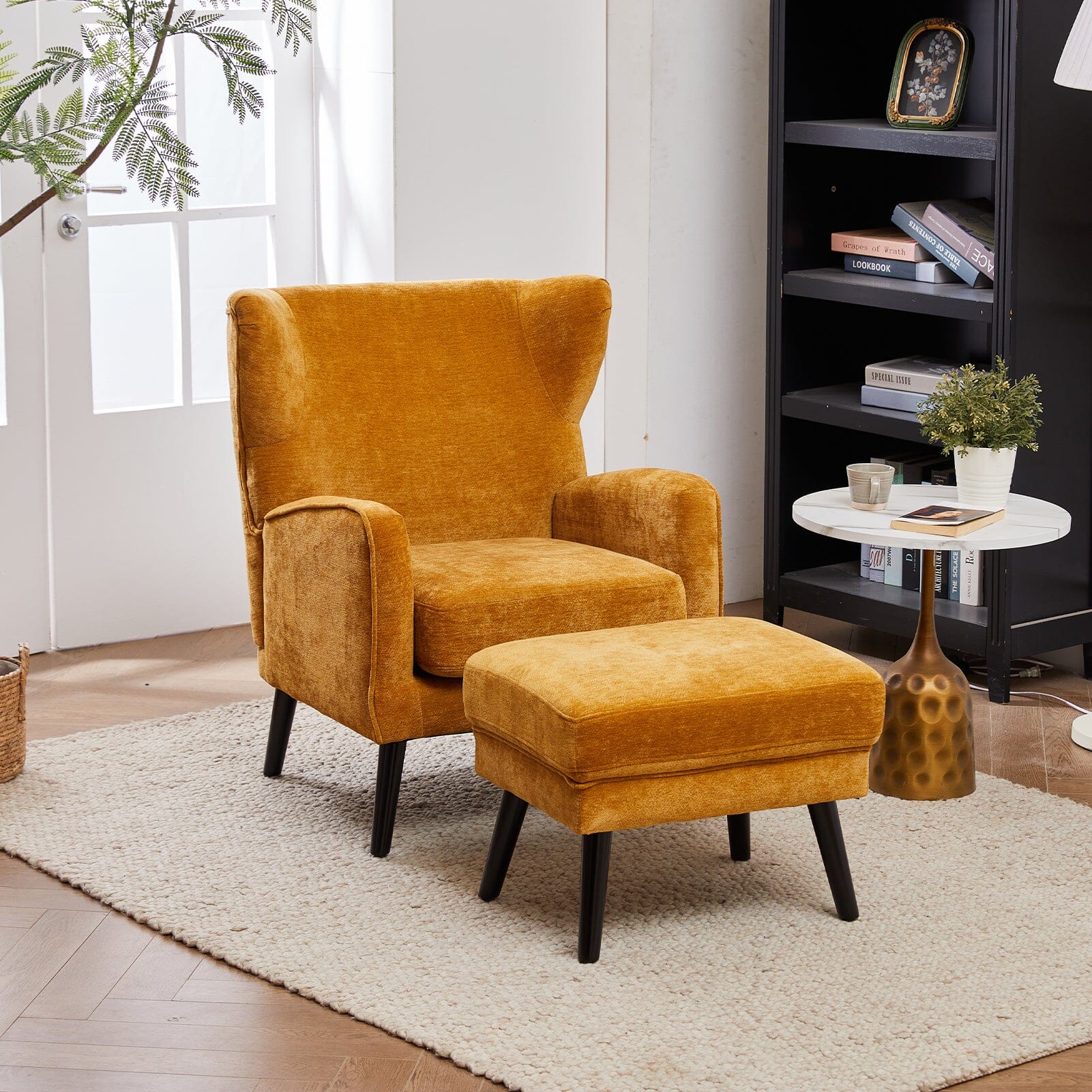 Chenille & Velvet Accent Chair with Ottoman Set Living and Home Yellow 