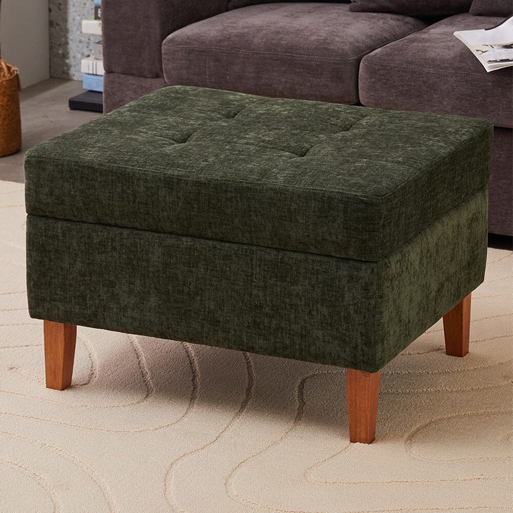 Chenille Upholstered Storage Ottoman with Lift-Up Lid and Solid Wood Legs Living and Home FL050132 